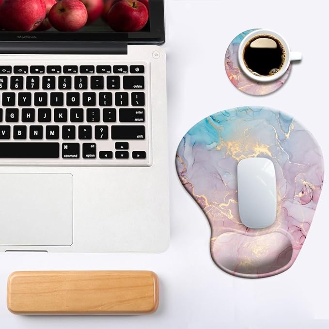 Ergonomic Mouse Pad with Wrist Support and Coaster,Mouse Pads with Non-Slip PU Base for Home Office Working Studying Easy Typing & Pain Relief Cyan Pink Marble