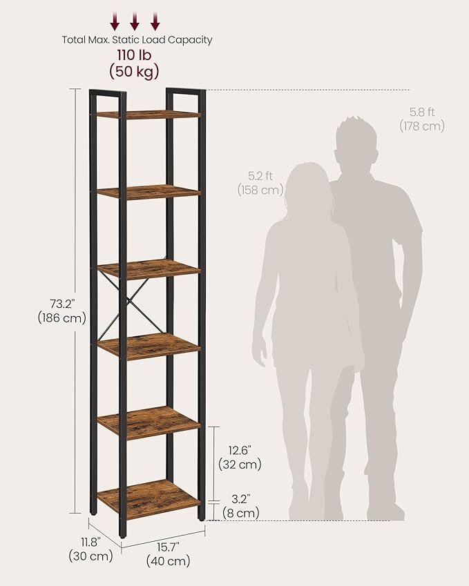VASAGLE 6-Tier Bookshelf, Bookcase with Steel Frame, Book Shelf for Living Room, Home Office, Study, 11.8 x 15.7 x 73.2 Inches, Industrial Style, Rustic Brown and Ink Black ULLS101B01