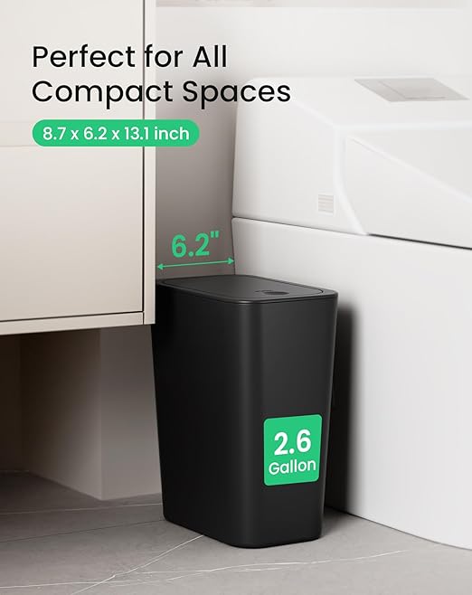 Cesun Bathroom Trash Can with Lid, 2 Pack 2.6 Gallon Small Black Garbage Can, Press Top Lid Trash Bin, Dog Proof Trash Cans Plastic Waste Basket for Bedroom Toilet Office