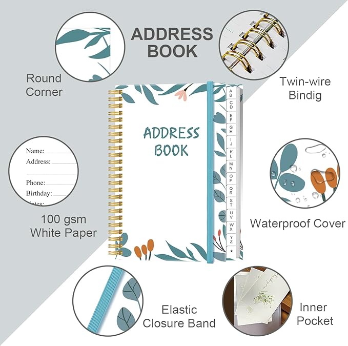 Address Book with Alphabetical Tabs - Small Address Book Spiral with Address Contacts, Special Date, Phone, Birthday & Internet Login Password for Home and Office, 4.3" x 6.2", Teal Leaf