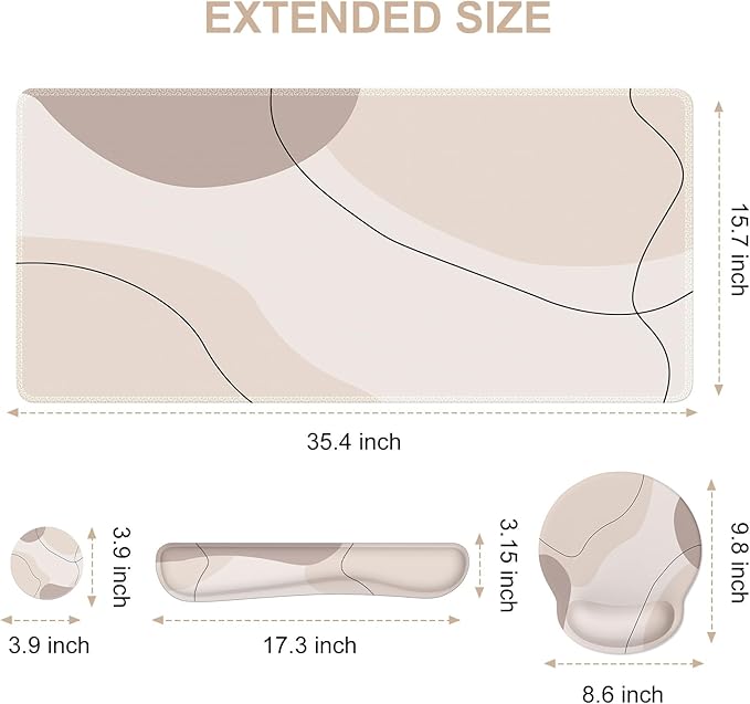 iCasso Large Gaming Mouse Pad Wrist Support Set, Desk Mat, 4in1 XXL Mousepad + Keyboard Wrist Rest+Mouse Wrist Rest+Coaster Set with Ergonomic Design for Home Office Table Computer-Brown Art