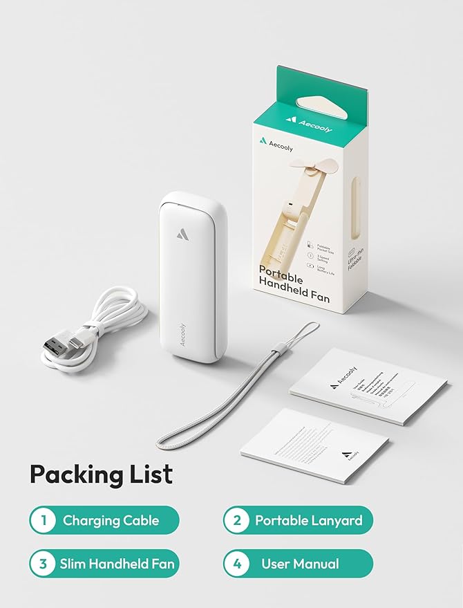 Aecooly Slim Portable Fan, Thin Handheld Fan, USB Rechargeable Mini Personal [24H Max Cooling Time], Battery Powered Small Foldable Pocket for Travel, Summer, Gifts for Women, Girls -White