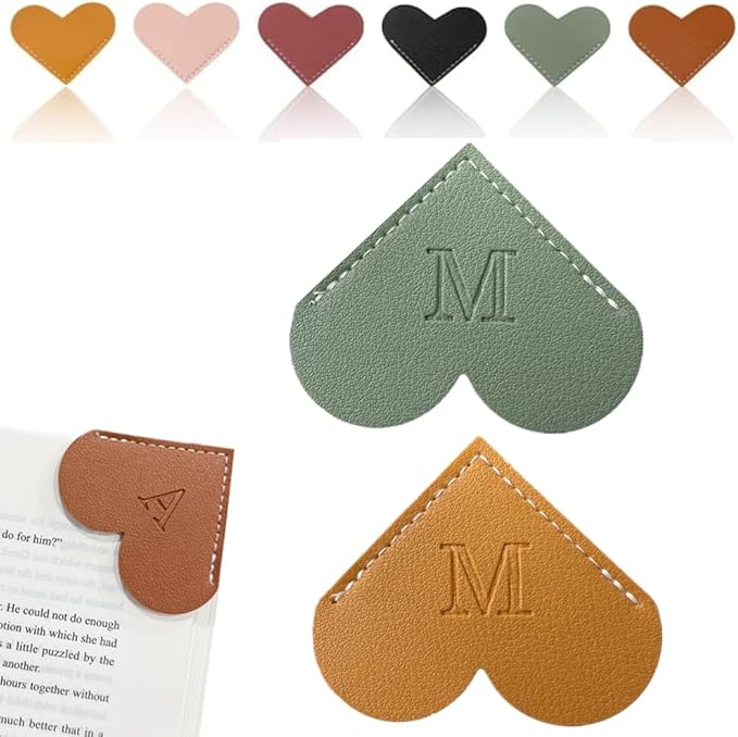 Personalized Leather Heart Bookmark, 26 Letters Customized Corner Book Mark for Reading Women, Book Marker with Initials，Cute Gifts (Green+Light Brown, M)