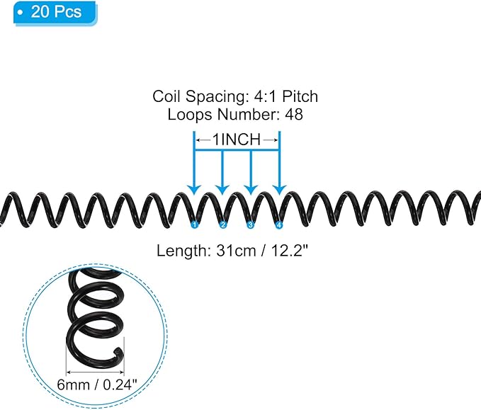 PATIKIL 6mm(1/4") Plastic Spiral Binding Coils, 20 Pcs Binding Spirals 30 Sheet Capacity 4:1 Pitch Binding Spirals for Binding Paper Sheets, Black