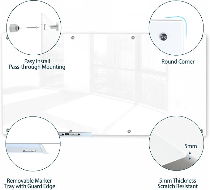 J&J worldwide Magnetic Glass Whiteboard 8' x 4' Ultra White, Large Frameless White Boards for Walls 96 x 48 Inches, Large Dry Erase Board for Office, Home, School