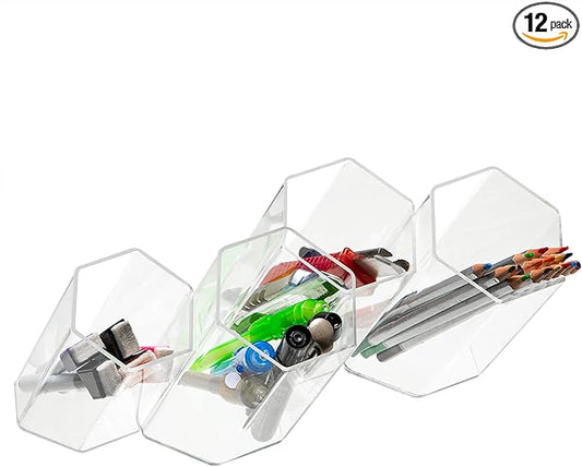 Jetec 12 Pieces Acrylic Office Desk Organizer, Hexagonal Transparent Clear Wall-Mounted Stationery Storage Box, Pencil Organizer Desktop for School Office Supplies