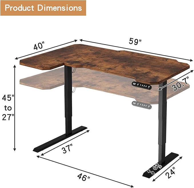 Electric Height Adjustable Standing Desk, 59 L-Shaped Sit - Stand Desk for Work or Home Office Push Button Memory Settings Brown Splice Board/Black Frame