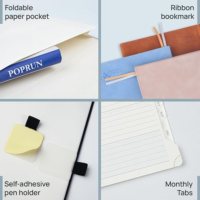 POPRUN Weekly Planner 2026 (Large 8.5" x 10.5") Calendar 12 Months Notebook with Horizontal Layout, Leather Soft Cover, Monthly Tabs, Inner Pocket, 100GSM Thick Paper, Pen Holder - Brown