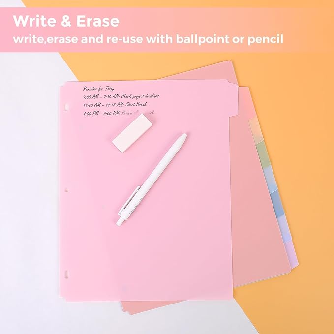 SKYDUE Durable Plastic 8-Tab Dividers, Big Tab Dividers for 3 Ring Binder, Write & Erase 3 Ring Binder Dividers with Tabs, with Sticker Labels, 1 Set, Pastel Color