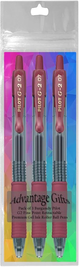 G2 Retractable Premium Gel Ink Roller Ball Pens Fine Point Fine Point (.7mm) Burgundy Ink 3-pk; Refillable & Premium Comfort Grip Bundle with Plastic Reusable Pouch
