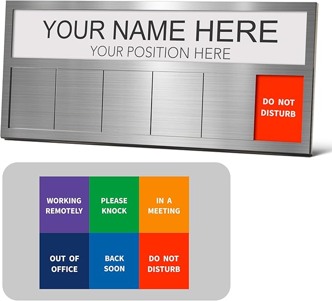 Name Plate for Desk& Office Door Sign, 6 Options Do Not Disturb, In A Meeting, Out of Office, Working Remotely, Please Knock, Stick or Stand with Desk Name Plate, Brushed Silver no icon