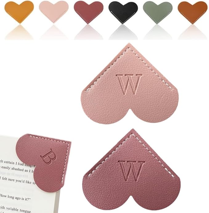Personalized Leather Heart Bookmark, 26 Letters Customized Corner Book Mark for Reading Women, Book Marker with Initials，Cute Gifts (Light Pink+Deep Pink, W)