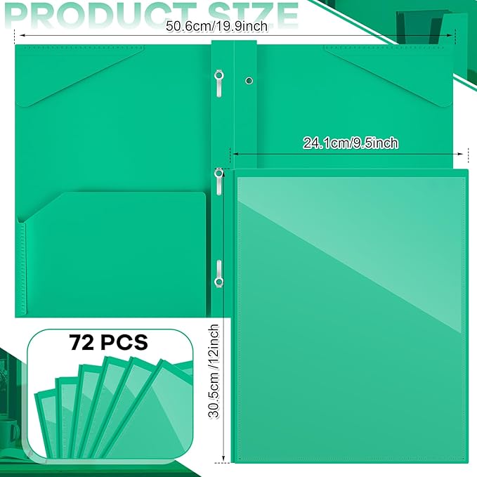 Henoyso 72 Pcs Plastic Folder with Clear Front Pocket and 3 Prong Plastic Folders with Card Slot Pocket Folders with Prongs for School Office (Green)