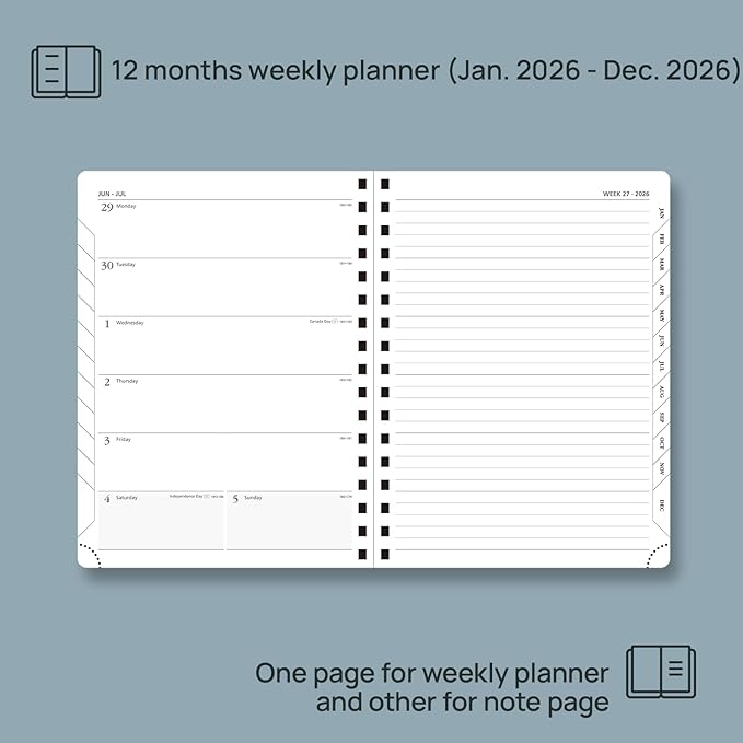 POPRUN 2026 Planner Weekly Notebook (Jan-Dec), Medium 8.5''x 6.5'' - Agenda 2026 Calendar Book with Monthly Tabs, Inner Pocket, Spiral Soft Cover, 100 GSM - Lilac
