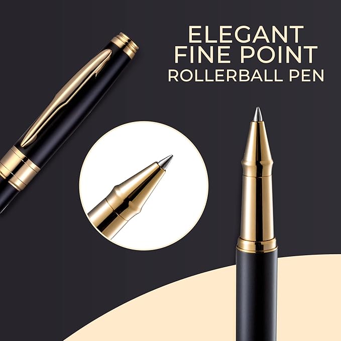 ZenZoi Luxury Pen For Men & Women W/Fine Tip Rollerball – Elegant Matte Black Executive Pen Gift Set W/Gold Trim, Quality Black Matte