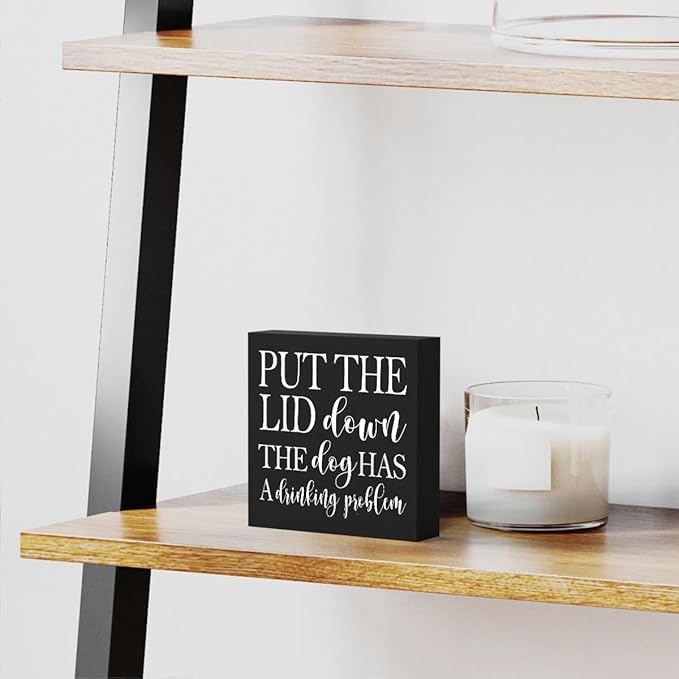 mmiishe Put the Lid Down the Dog Has a Drinking Problem Wooden Box Sign Decorative Funny Bathroom Wood Box Sign Home Decor Rustic Farmhouse Square Desk Decor Sign for Shelf 5 x 5 Inches-503