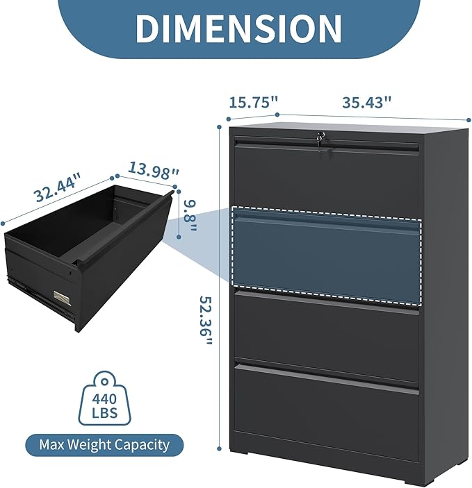 AQY 4 Drawer File Cabinets with Lock,Metal Lateral File Cabinets for Home Office,Steel Wide Filing Organization Storage Cabinets for Hanging Files Letter/Legal/F4/A4 Size Assembly Required(Black)