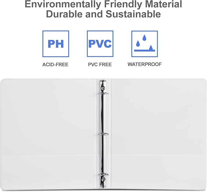 3 Ring Binder 1 Inch, ViVin Sturdy 1"-Round Ring Binder with 2 Interior Pockets, Clear View Cover, PVC-Free, Fits 200 Sheets of 8.5'' x 11'' Paper, Office Home School (6 Pack, White)