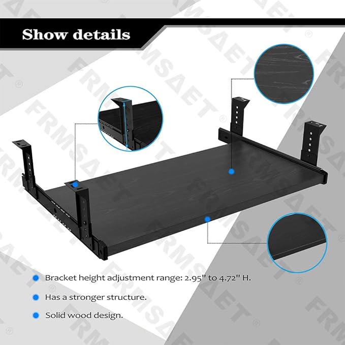 FRMSAET Furniture Accessories Office Product Suits Hardware 20/24/30 inches Keyboard Drawer Tray Wood Holder Under Desk Adjustable Height Platform. (20 inches, Black)