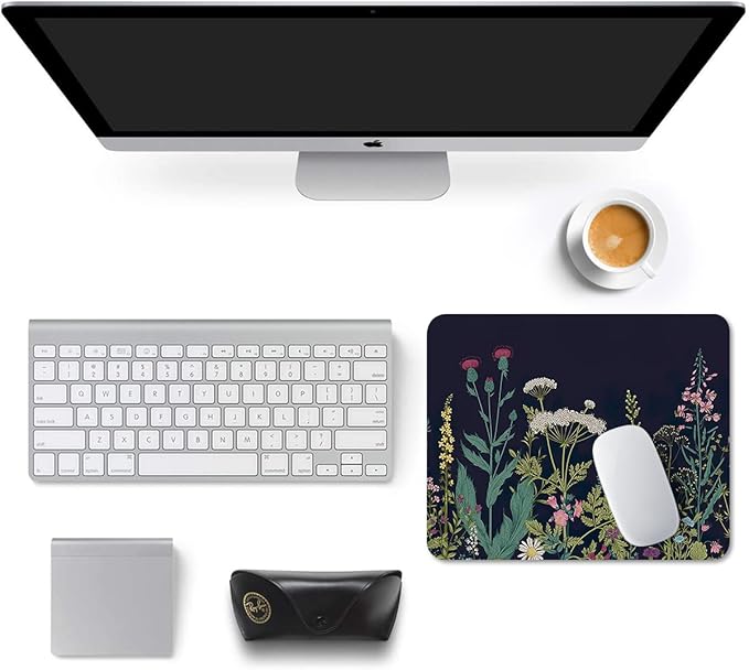 Auhoahsil Mouse Pad, 12 x 10 in Flower Theme Computer Mouse Pad for Desk, Premium-Textured Non-Slip Rubber Stitched Edges Waterproof Square Mouse Mat for Gaming Work Wireless Mice, Black