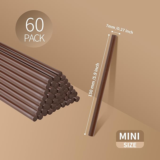 MATUFF Brown Hot Glue Sticks Mini 0.27" x 5.9 inches, Hot Melt Mini Colored Glue Sticks for All Temperature Mini Glue Guns, for DIY Craft Arts and Wedding Cards, Stamp Sealing, Bulk hot Glue 60 Pack