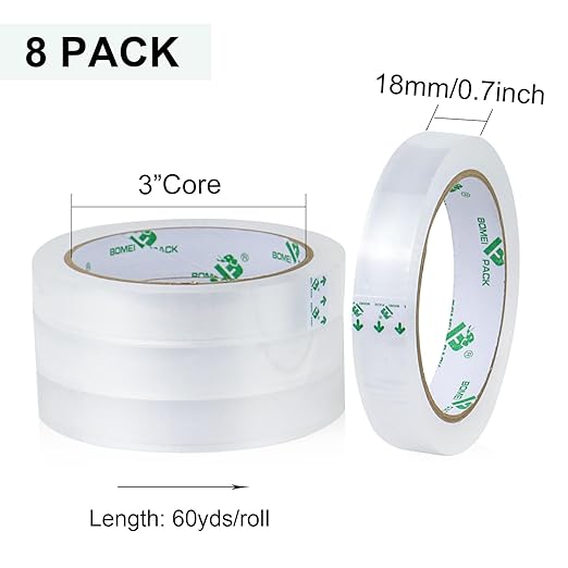 BOMEI PACK 8Rolls Clear Tape Refills for Dispenser, Transparent Gift Wrap Tape 3inch Core for Home, Office, 3/4inch x 60yds