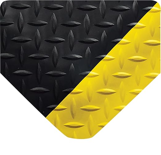 Wearwell 414.1516x2x12BYL Diamond-Plate SpongeCote UltraSoft Mat, 12' Length x 2' Width x 15/16" Thick, Black with Yellow