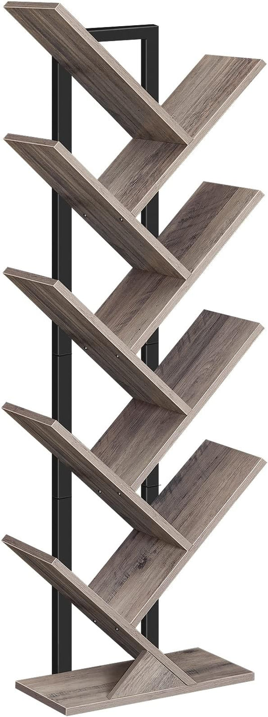 HOOBRO Tree Bookshelf, 9-Tier Bookcase Wooden Shelves, Floor Standing Storage Rack, for Display of CDs, Books in Living Room, Home Office, Wood Storage Rack for Bedroom, Greige BG08SJ01G1