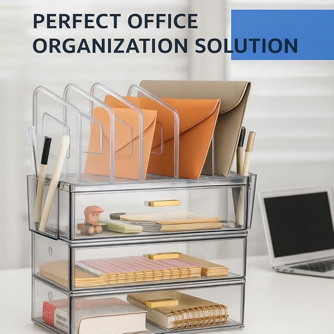 Acrylic Desk Organizer with 4-Vertical File Holder Rack, 3-Clear Drawer, and 2 Pen Holders, Desktop File Organizers Paper Tray for Office Accessories School Classroom Organization (Clear)
