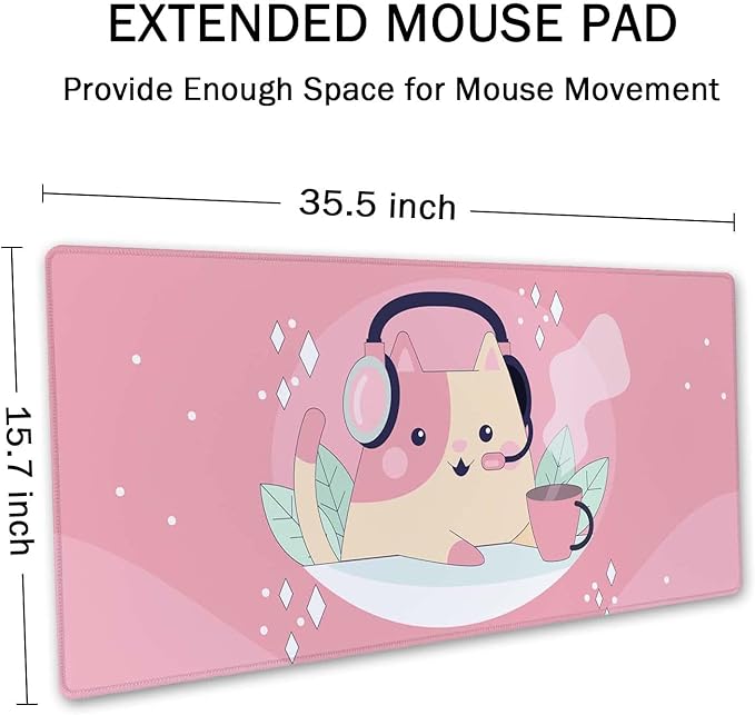 SSOIU Extended Mouse Pad, XXL Gaming Mouse Pads, Large Big Mousepad Laptop Computer Keyboard Mat Desk Pad with Non-Slip Base Stitched Edge for Gaming Office, 35.5 x 15.7 inch, Cute Cat