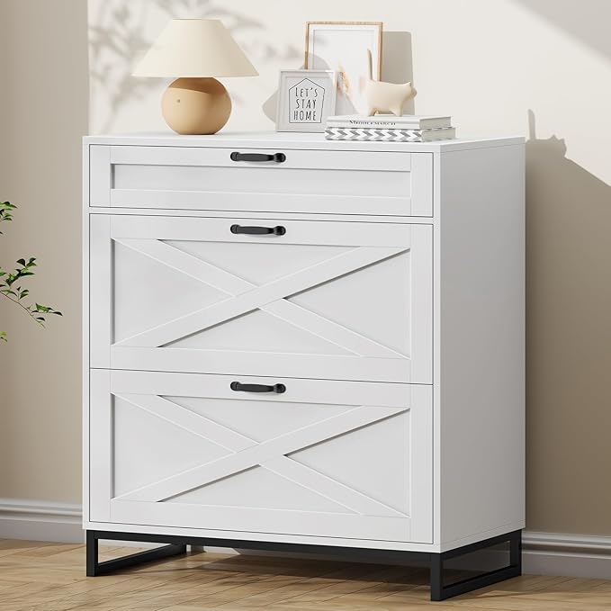 File Cabinet 3 Drawers Lateral File Cabinet for Letter/Legal/A4 Size Hanging Files, Large Wood File Storage Cabinets Printer Stand for Home Office, White and Black