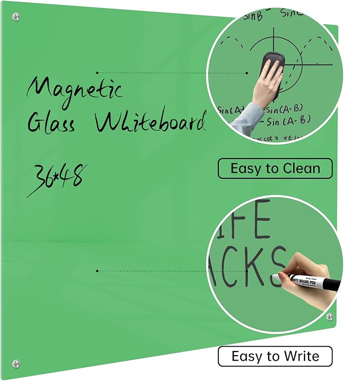 Magnetic Glass Dry Erase Board - White Board 48 x 36 Inch Wall Mounted Glass Whiteboard, Large Frameless Glass White Board for Wall Office, Home & School, Green