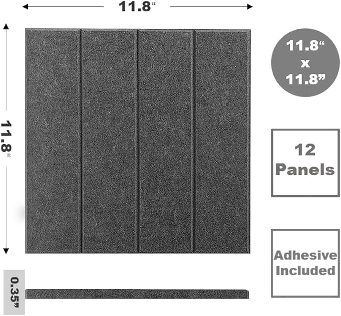 Large Cork Board Alternative - 12-Pack Felt Wall Tiles with Safe Removable Adhesive Tabs, Cork Wall Tiles Bulletin Board Home Office Essentials - Gray Black
