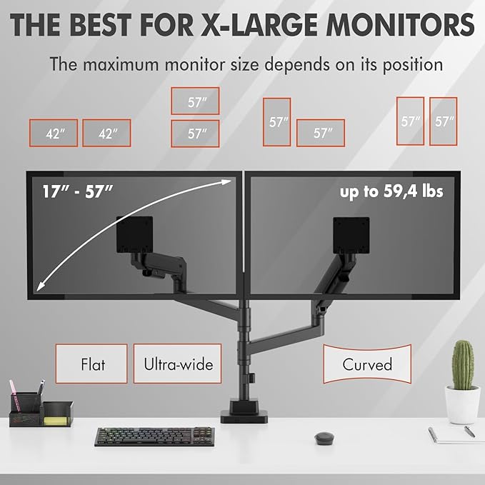 Dual Monitor Arm for 17-57 Inch Ultrawide Screens – Heavy Duty Monitor Arm Desk Mount – VESA Mount with Clamp and Grommet Base – Holds Up to 59.4 lbs. Each