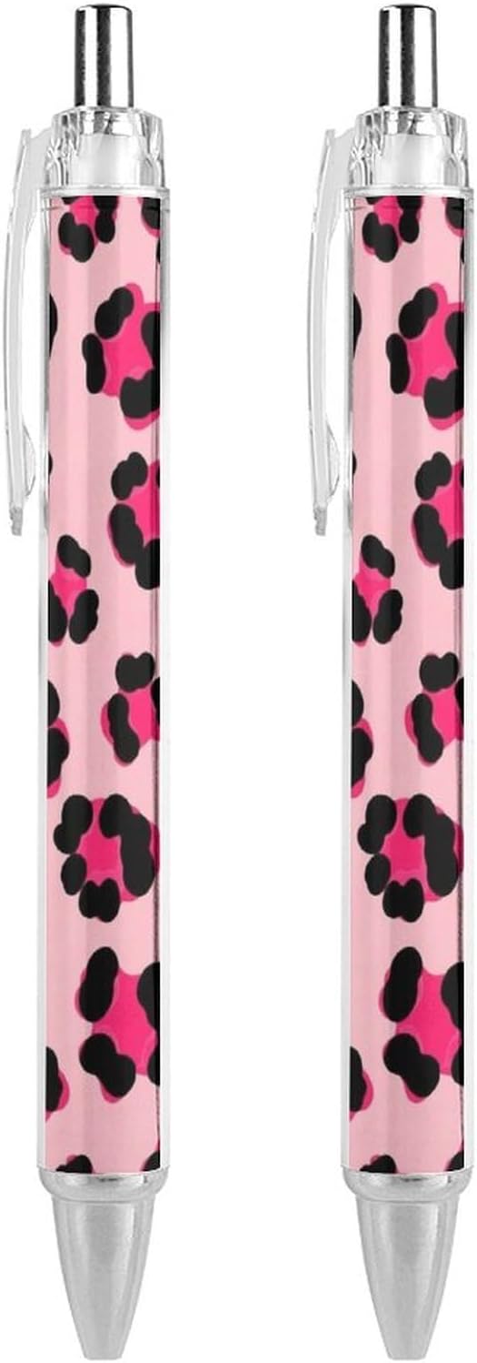 Cute Ballpoint Pen Refillable Black Ink 0.5 mm Ball Point Pens Cheetah Leopard Print Pink Floral Retractable Pens Writing Accessories for Teacher Writer, 2 Pcs