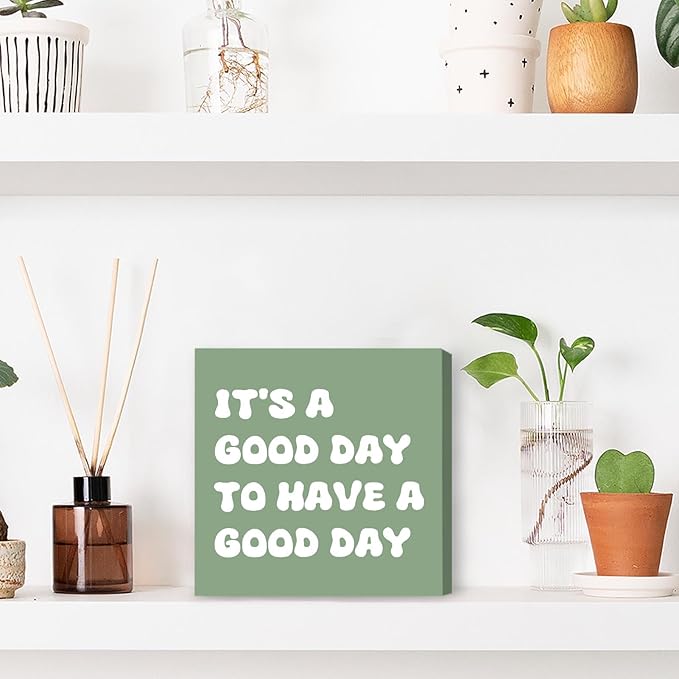 Sage Green Office Desk Accessories Decor Sign Positive Decor Motivational Gifts for Women - Inspirational Wooden Box Sign Desk Decorations Good Vibes Decoration for Home Office