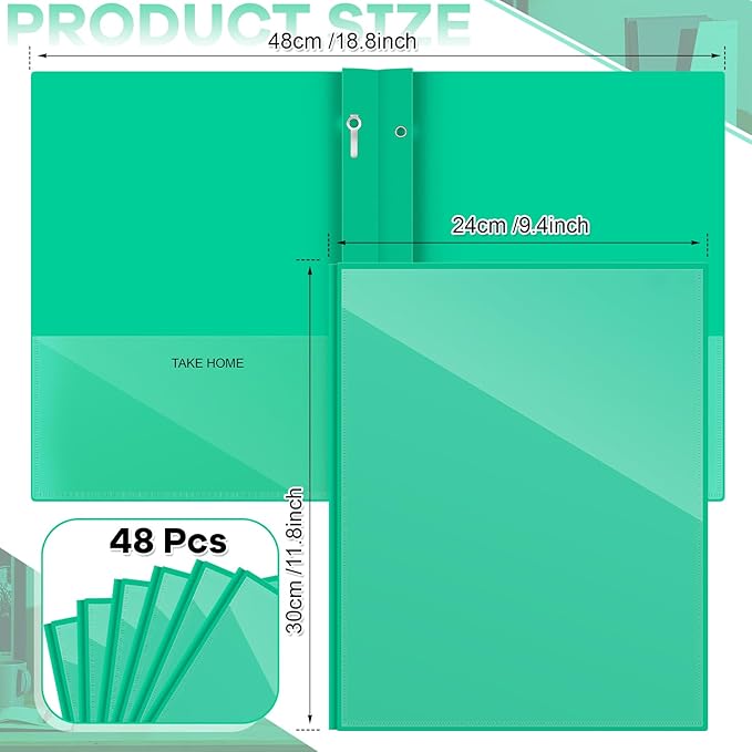 Henoyso 48 Pcs Plastic Folders with Clear Front Pocket and 3 Prong Take Home Plastic 2 Pocket Folder Back to School for Students Parent Teacher Communication for School Office (Green)