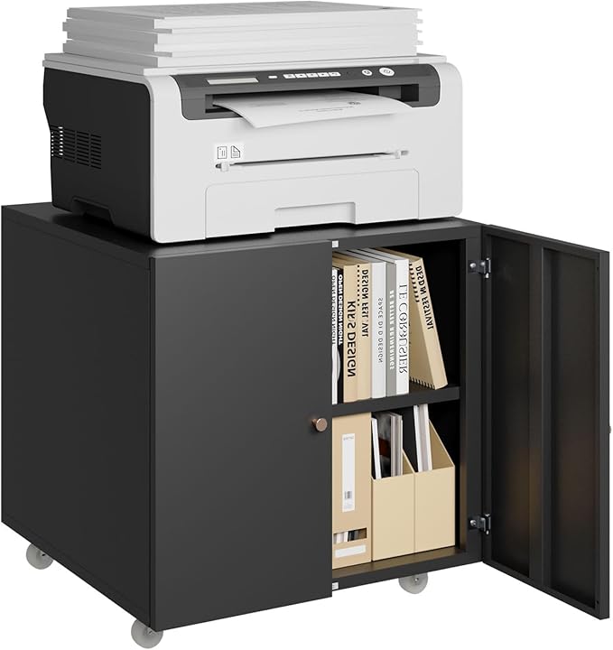 Printer Stand with Storage, 3D Heavy Duty Printer Table with Shelves, Large Printer Table for Home Office, Black Printer Stand on Wheels with Doors, Metal Fax Machine Stand for Workplace