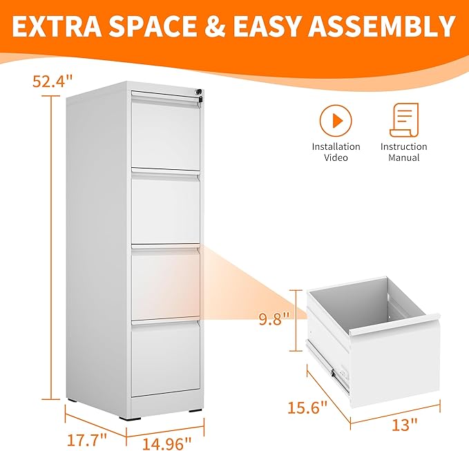Metal File Cabinet with Drawer Heavy Duty Locking File Cabinets Home Office Steel Filing Cabinet Vertical File Cabinets for Legal/Letter Size File,Assembly Required