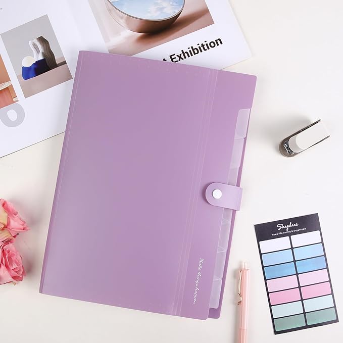 SKYDUE File Folder with Labels, Accordion File Organizer with 8 Pockets, Portable Document Organizer, A4 Letter Size, Paper Organizer for Office, Purple