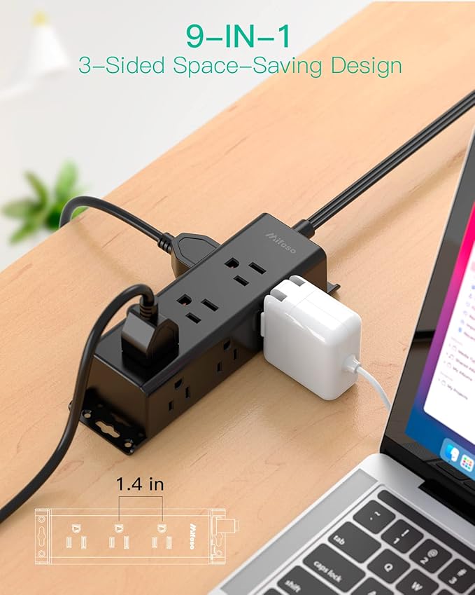 Surge Protector Power Strip - 9 Widely Spaced Multi Outlets, Wall Mount, 3 Side Outlet Extender with Extension Cord, Flat Plug, Overload Protection, Home Office Dorm Room Essentials (15FT, Black)