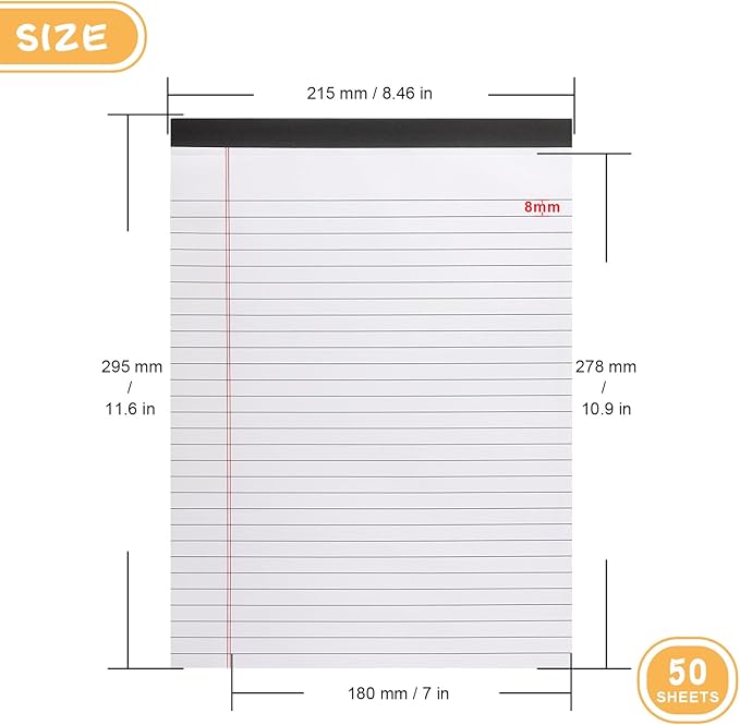 ZZTX Legal Pads 8.5 x 11 Inch White Writing Notepad, Lined Writing Pads for Work Office School, 50 Sheets Per Pad, A4, 1 Pack
