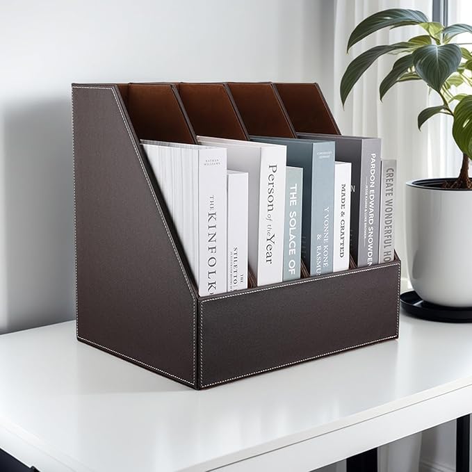 KINGFOM 4-Slot Wood Leather Document Files Holder Rack Stand Desk Files Organizer Papers Collection Cabinet (4 slot brown)