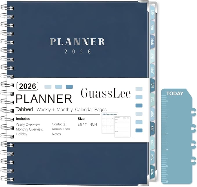 GuassLee Large 2026 Planner, Weekly and Monthly Planner from January 2026-December 2026, 8.5"x 11" Calendar Agenda Book with Back Pocket, Stickers for Home Office School Supplies, Navy Blue