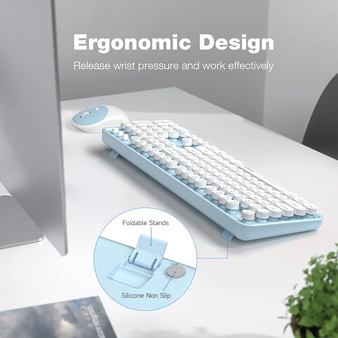 MOFII Wireless Keyboard and Mouse Combo, Computer Full Size 2.4G Plug and Play Wireless Typewriter Retro Round Keyboard and Mouse Set for Windows, Computer, Desktop, PC, Notebook - (Light Blue)