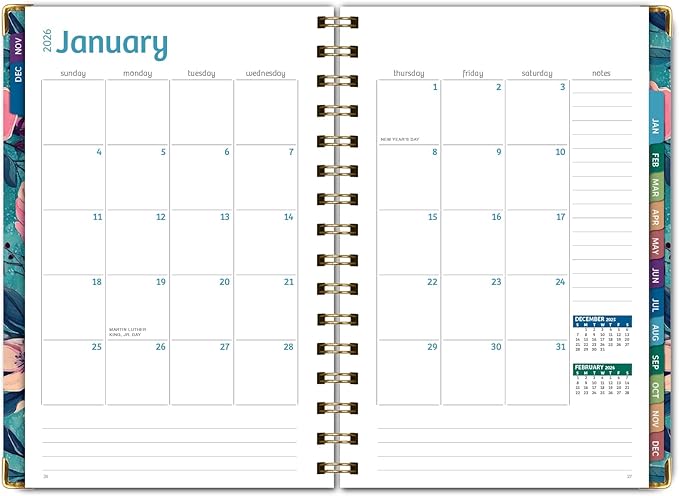 HARDCOVER 2026 Planner, 5.5"x8": 14 Months (November 2025 - December 2026), Daily Weekly Monthly Planner, Yearly Agenda, Bookmark, Pocket Folder and Sticky Note Set (Teal Floral)