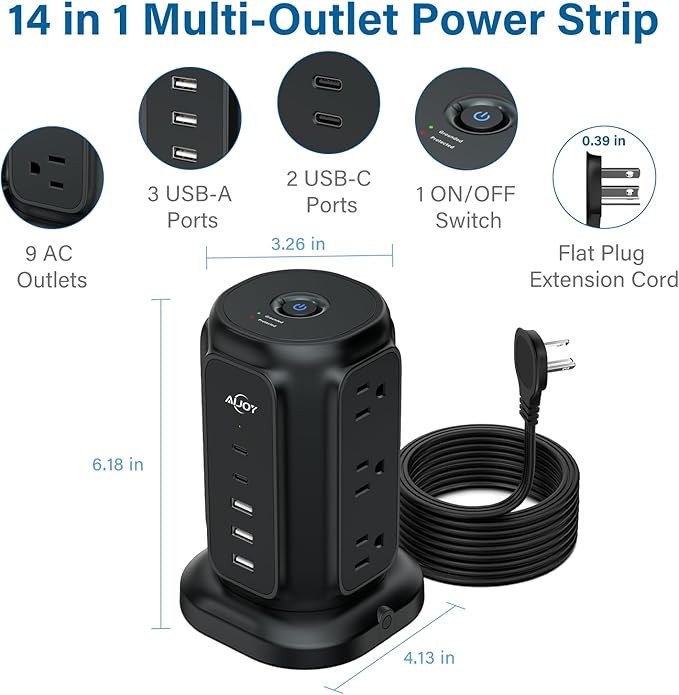 AiJoy Flat Plug Power Strip Tower with 9 Outlets and 5 USB Ports (2 USB-C), 1200J Surge Protection, 1625W Extension Cord with Multiple Outlets Charging Station for Home Dorm Office Supplies