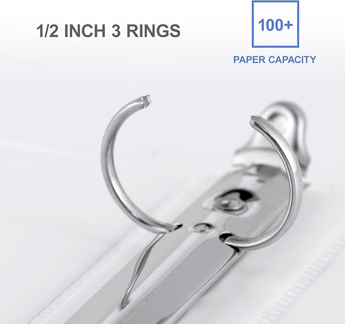 3 Ring Binder 1/2 Inch, ViVin Sturdy 0.5"-Round Ring Binder with 2 Interior Pockets, Clear View Cover, PVC-Free, Fits 100 Sheets of 8.5'' x 11'' Paper, Office Home School (12 Pack, White)