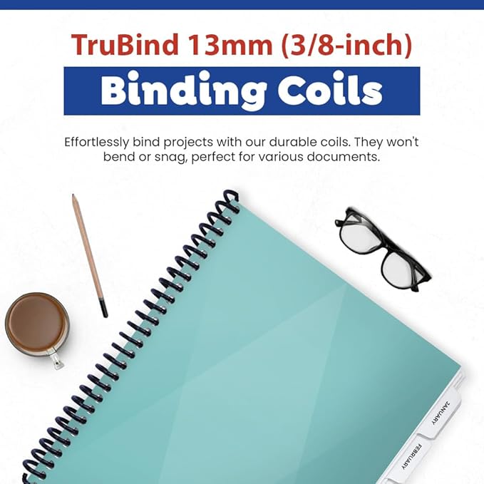 TruBind 13mm (1/2 in.) Spiral Binding Coils for Reports, Presentations and Proposals | 4:1 Pitch | 12 in. Length | Navy | 105 Sheets Binding Capacity | 100 Pack