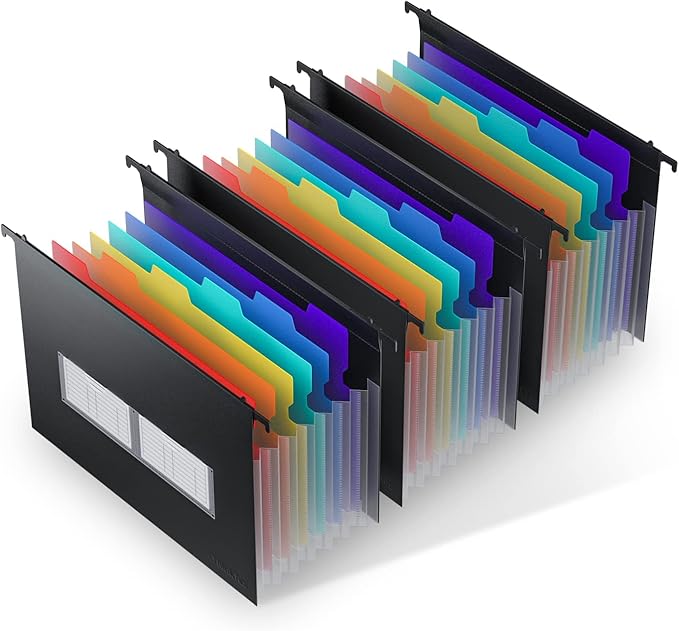 ThinkTex Plastic Expanding Hanging File Folders, 7 Innovative 1.2" Accordian Pockets, Large Capacity, Multi-Color Tabs, Letter Size for Filing Cabinet - 3 Packs
